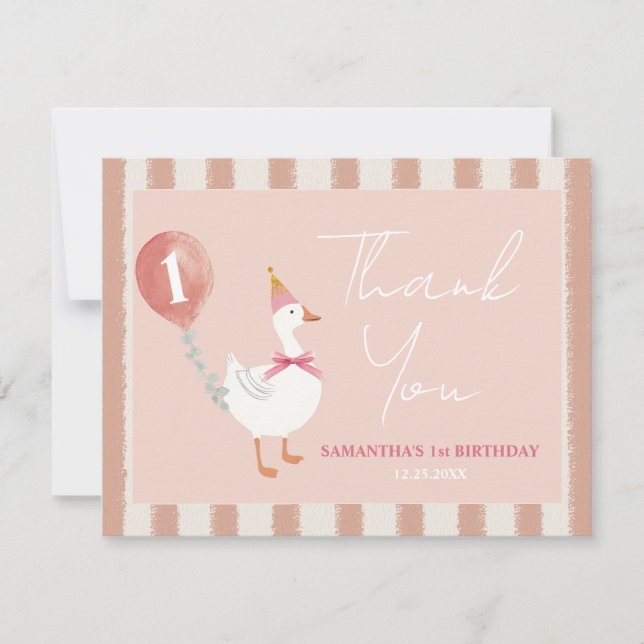 Cartão De Agradecimento Primeiro aniversario de Garota-Balão Rosa-Rosa-Bob (Frente)