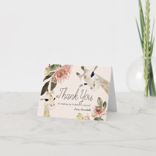 Cartão De Agradecimento Primeiro aniversario de Garota Floral Rosa Girafa (Frente)