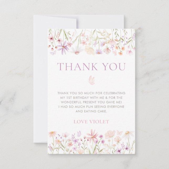 Cartão De Agradecimento Primeiro aniversario de Girinas de Borboleta de Fl (Frente)