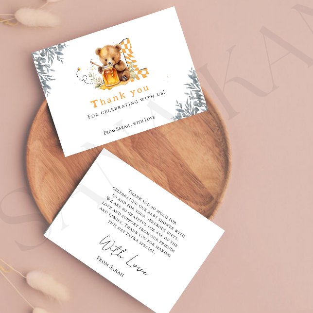 Cartão De Agradecimento Primeiro aniversario de mel de urso mínimo russo,  (Criador carregado)