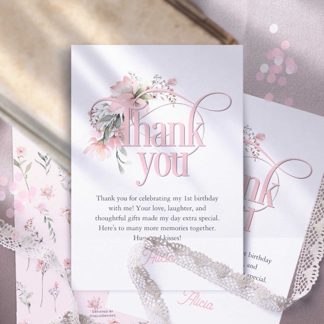 Cartão De Agradecimento Primeiro aniversario de Menina Maravilhosa Elegant (Criador carregado)