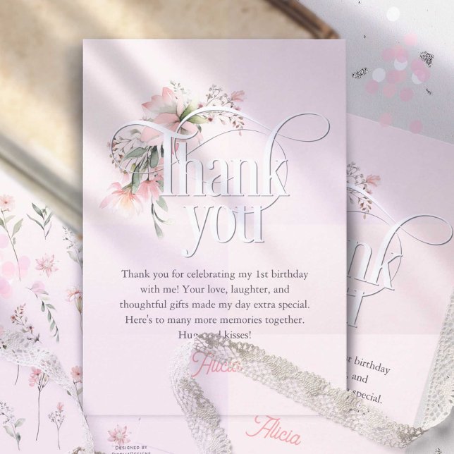 Cartão De Agradecimento Primeiro aniversario de Menina Rosa, Maravilhosa e (Pink wildflower, little miss onederful 1st birthday thank you cards)