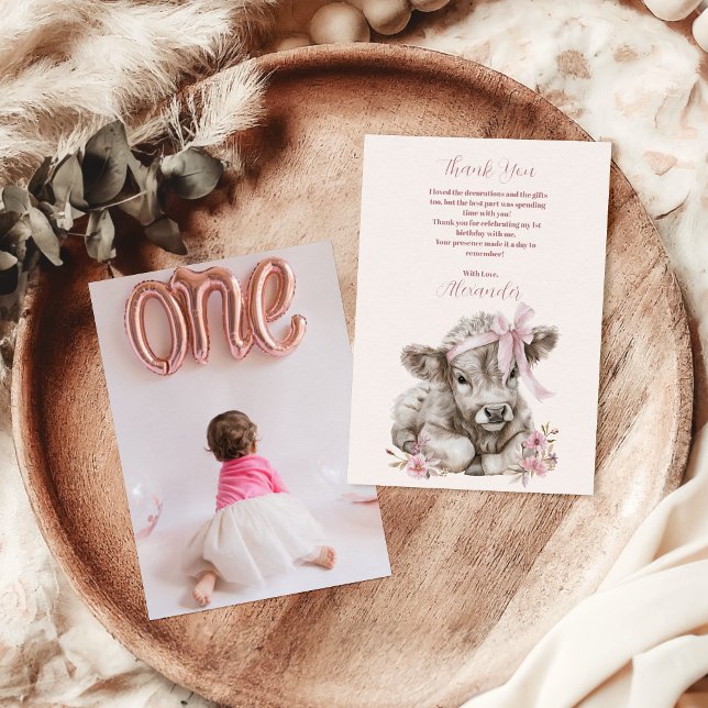 Cartão De Agradecimento Primeiro aniversario de Vaca Floral Highland Pink (Criador carregado)