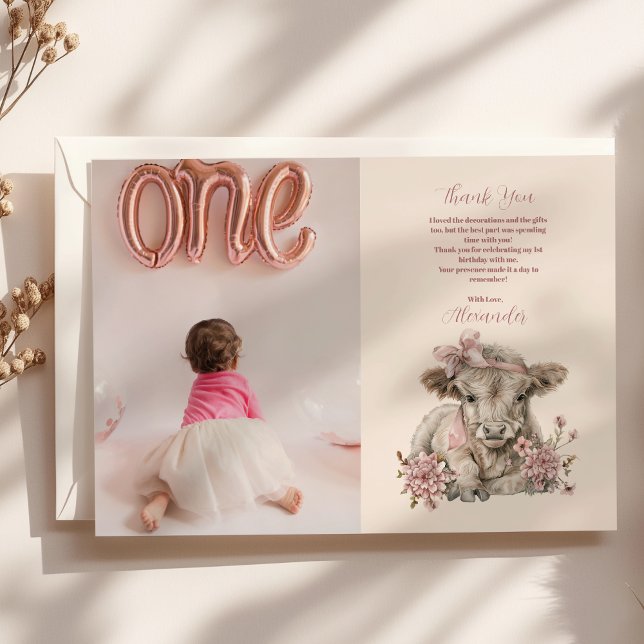 Cartão De Agradecimento Primeiro aniversario de Vaca Floral Highland Pink (Criador carregado)