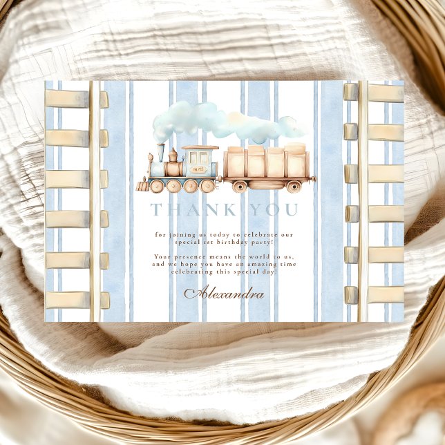Cartão De Agradecimento Primeiro aniversario do comboio com aquarela azul (Criador carregado)