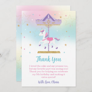 Cartão De Agradecimento Primeiro aniversario do Rainbow Unicorn Carousel c