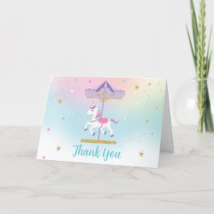 Cartão De Agradecimento Primeiro aniversario do Rainbow Unicorn Carousel D