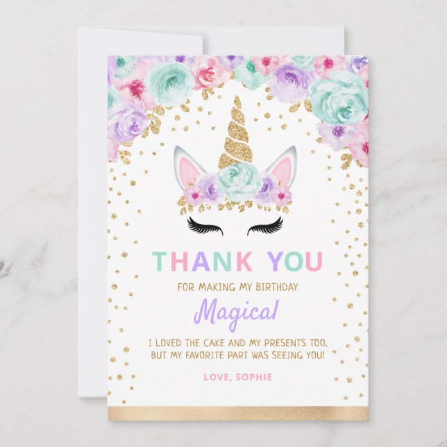Cartão De Agradecimento primeiro aniversario Dourado Púrpura do Unicórnio  (Frente)
