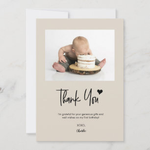 Cartão De Agradecimento Primeiro Aniversário Foto Personalizada Bege Scrip