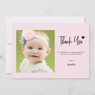 Cartão De Agradecimento Primeiro Aniversário Foto Personalizada Letra Rosa