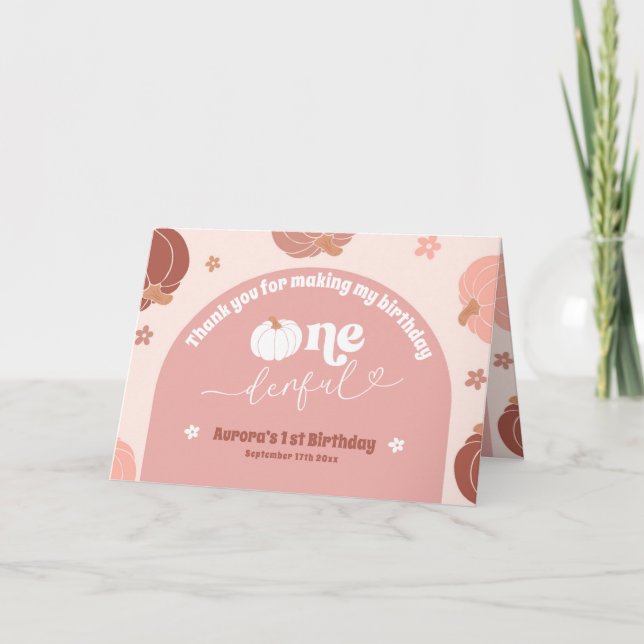 Cartão De Agradecimento Primeiro aniversario Pumpkin Retro Rosa Dobrado Ob (Frente)