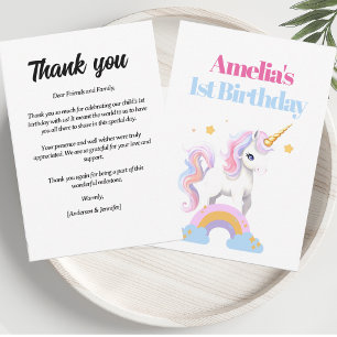 Cartão De Agradecimento Primeiro aniversario Rainbow Unicorn