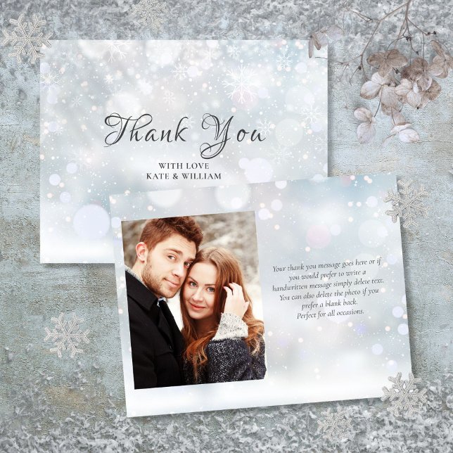 Cartão De Agradecimento Primeiros Flocos de Neve de Inverno Foto de Letra  (First Winter Snowflakes Elegant Script Photo Thank You Card)