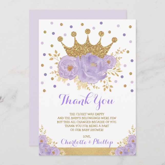 Cartão De Agradecimento Princesa Chá de fraldas Roxo Dourado Floral (Frente/Verso)