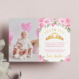 Cartão De Agradecimento Princesa Coroa Floral Ouro Rosa Aniversário