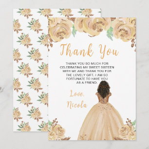 Cartão De Agradecimento Princesa da Pele Morena Peach Floral Sweet Sixteen
