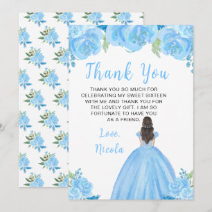 Cartão De Agradecimento Princesa de Cabelo Castanho Azul Floral Sweet Sixt