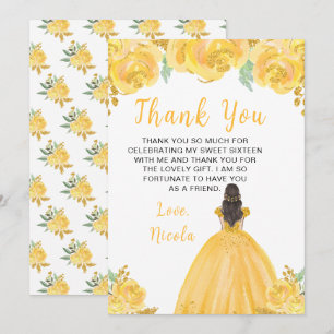 Cartão De Agradecimento Princesa de Cabelo Castanho Floral Dourado Doze An