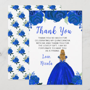 Cartão De Agradecimento Princesa de Cabelo Loiro Quinceanera Floral Azul