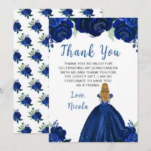 Cartão De Agradecimento Princesa de Cabelo Loiro Quinceanera Floral Naval