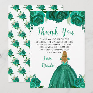 Cartão De Agradecimento Princesa de Cabelo Loiro Verde Sweet Sixteen