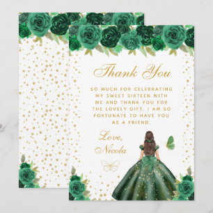 Cartão De Agradecimento Princesa de Cabelos Castanhos Florais Verdes Sweet