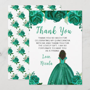 Cartão De Agradecimento Princesa de Pele Escura Quinceanera Floral Verde