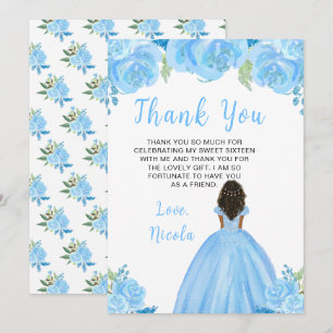 Cartão De Agradecimento Princesa de Pele Morena Azul Floral Sweet Sixteen