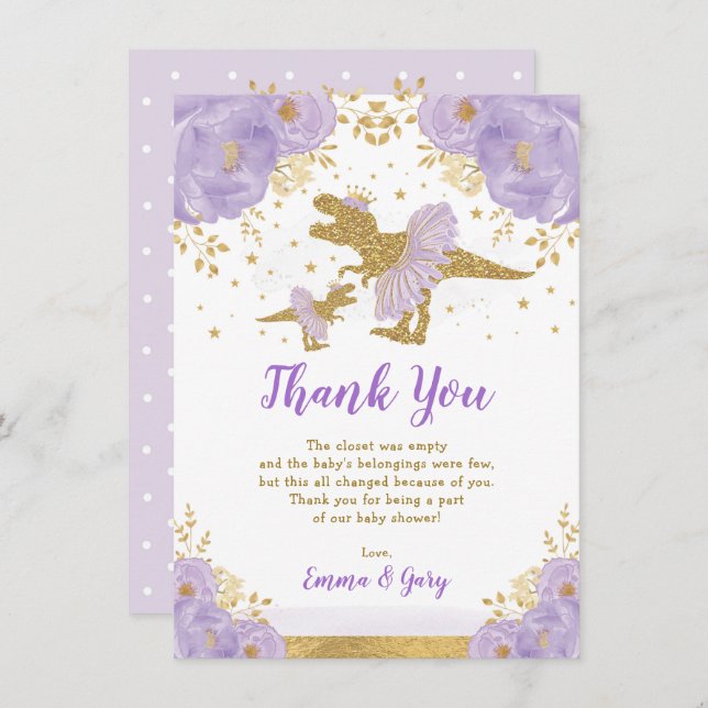 Cartão De Agradecimento Princesa Dourada Roxa Dinossaur Tutu Tiara Baby Gi (Frente/Verso)
