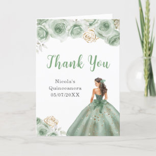 Cartão De Agradecimento Princesa em Sage Green Dress Quinceanera Obrigado
