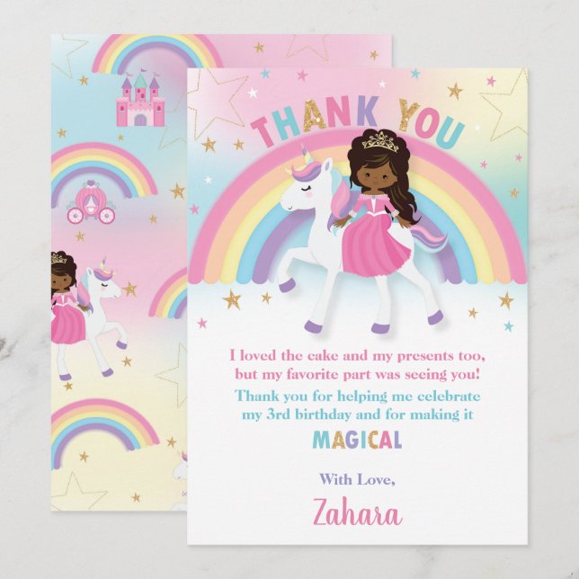 Cartão De Agradecimento Princesa Negra-Africana Rainbow Unicorn Aniversári (Frente/Verso)
