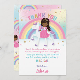 Cartão De Agradecimento Princesa Negra-Africana Rainbow Unicorn Aniversári