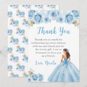 Cartão De Agradecimento Princesa no Vestido Azul Doce Dezesseis Obrigado