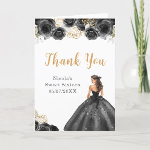 Cartão De Agradecimento Princesa no Vestido Negro Doce Dezesseis Obrigado