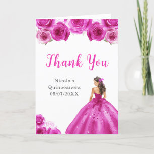 Cartão De Agradecimento Princesa no Vestido Rosa Quente Quinceanera Obriga
