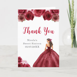 Cartão De Agradecimento Princesa no Vestido Vermelho Doce Dezesseis Obriga