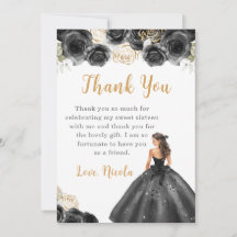 Princesa num vestido preto Doce Dezesseis Obrigado