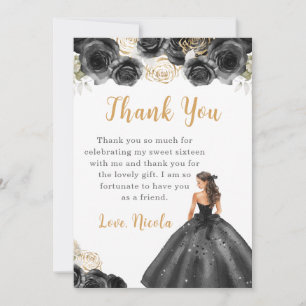 Cartão De Agradecimento Princesa num vestido preto Doce Dezesseis Obrigado