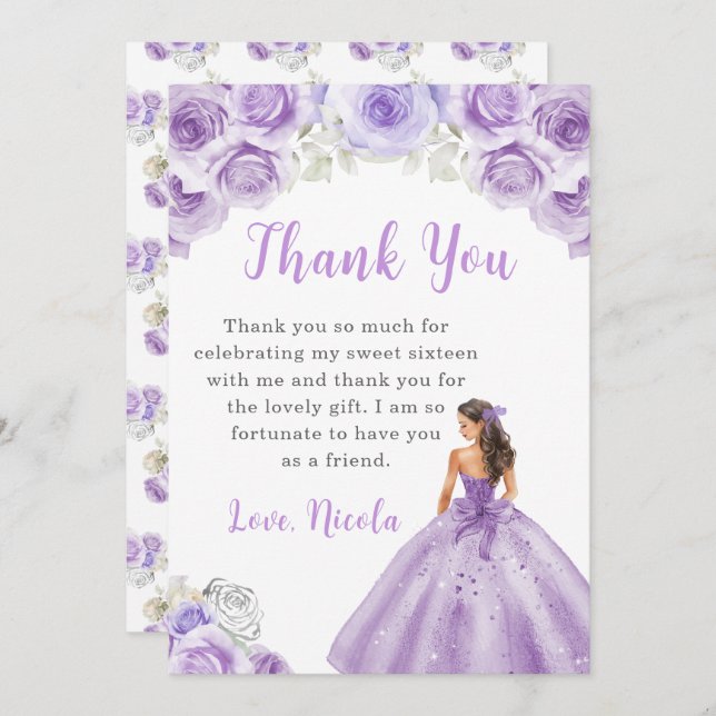 Cartão De Agradecimento Princesa num vestido roxo Doce 16 Obrigado (Frente/Verso)