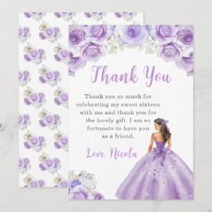 Cartão De Agradecimento Princesa num vestido roxo Doce 16 Obrigado