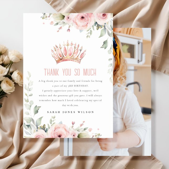 Cartão De Agradecimento Princesa Rosa Coroa Tiara Foto Floral Aniversário (Criador carregado)
