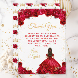 Cartão De Agradecimento Princesa Vermelha Floral Quinceañera