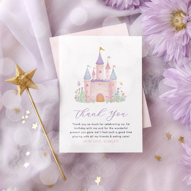 Cartão De Agradecimento Princess Birthday Castle Enchanted Girls (Princess Castle Thank You Cards | Girl's birthday party cards)