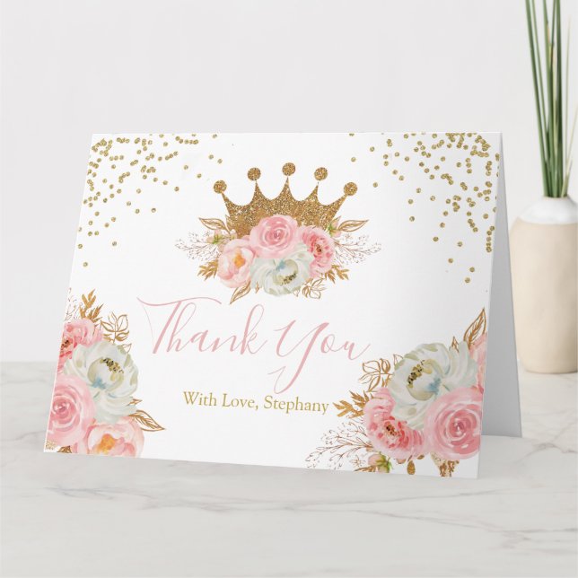 Cartão De Agradecimento Princess Floral Pink & Gold  Thank you card (Frente)