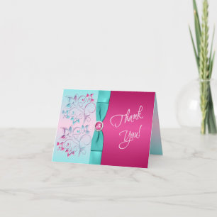 Cartão De Agradecimento PRINTED RIBBON Pink, Aqua Floral Thank You Card