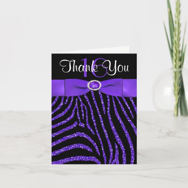 Cartão De Agradecimento PRINTED RIBBON Purple, Black Zebra Thank You Card (Frente)