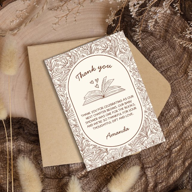 Cartão De Agradecimento Próximo Capítulo Floral Marrom Chá de Noiva (Next Chapter Book Floral Brown Bridal Shower Thank You Card)