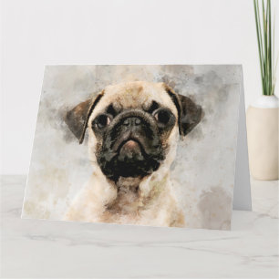 Cartão De Agradecimento Pug Dog Watercolor Retrato 01