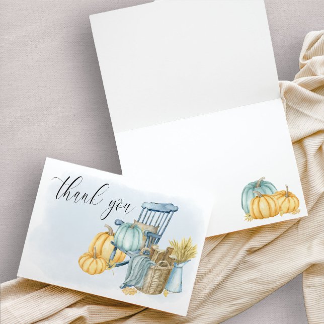 Cartão De Agradecimento Pumpkin Blue Watercolor (Rustic Farmhouse Pumpkin watercolor thank you card)