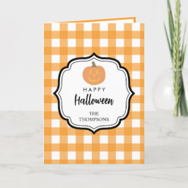 Cartão De Agradecimento Pumpkin de Xadrez Laranja no Dia das Bruxas